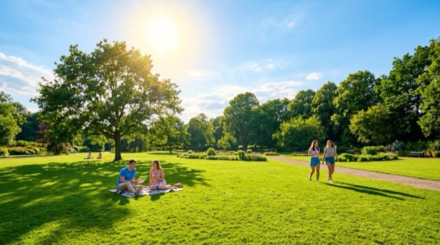 A sunny day with a bright sun in a blue sky