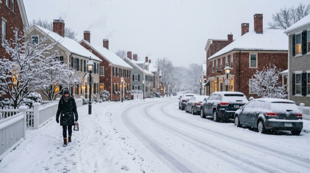 Snow falling over a snow-covered street